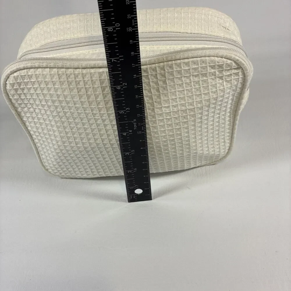 Terry Town Waffle Weave Cosmetic Makeup Travel Bag Double Zip Cream Cotton Blend